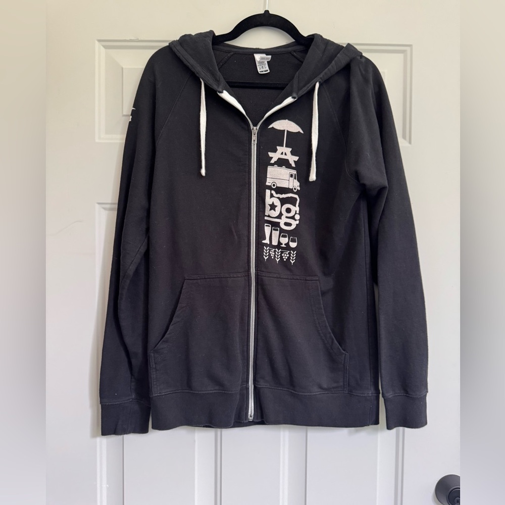 Black Zip-Up Hoodie with Beer Garden Graphic Print